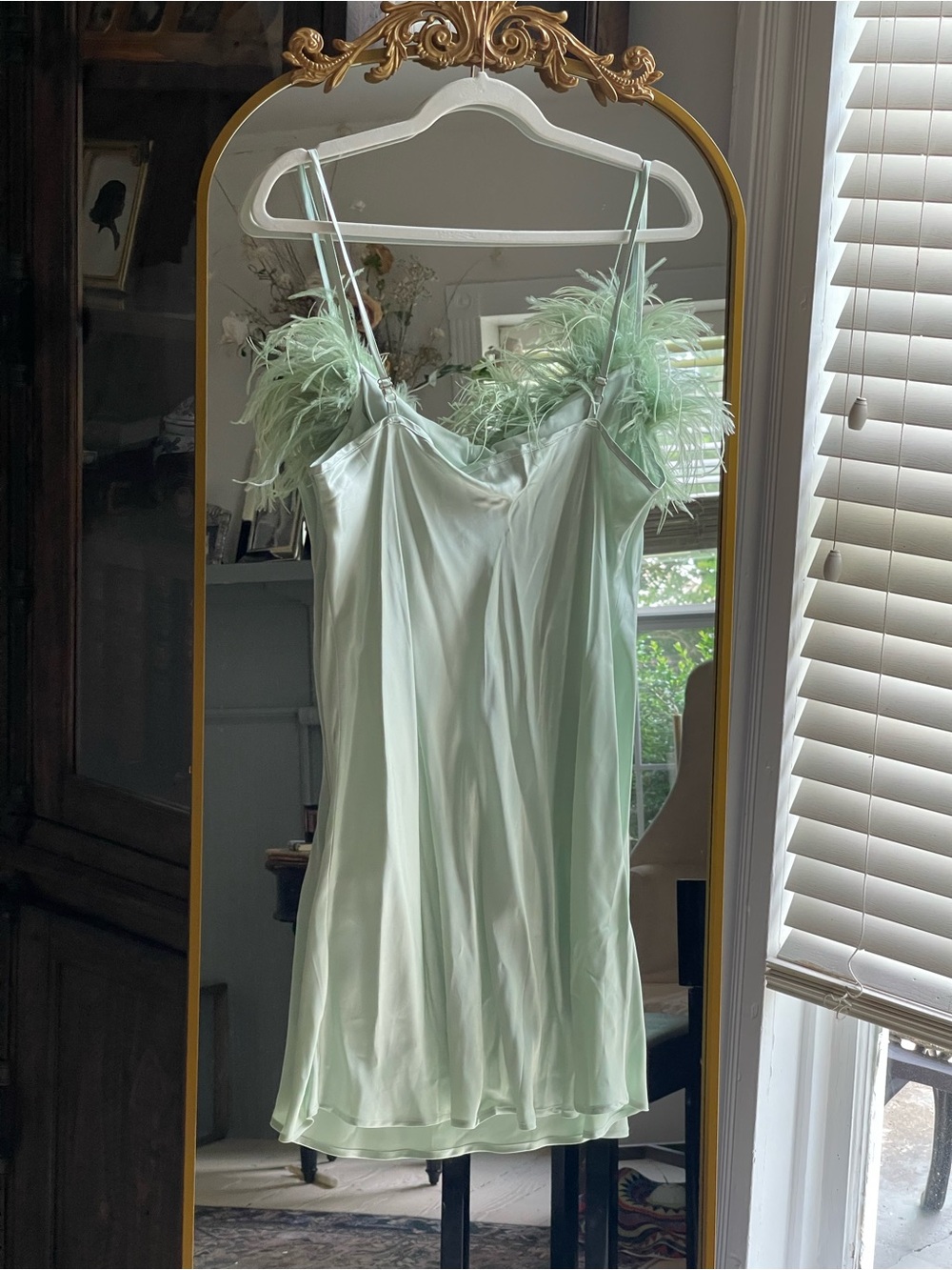 Sleeper NWT Boheme Feather-Trimmed Satin Slip Mini Dress in mint green - Picture 8 of 10